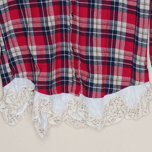 Jodifl Womens Small Red White Y2K Lace Trim Long Sleeve Plaid Button Up Shirt - Picture 4 of 9